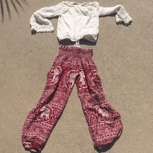 White top with maroon bottoms